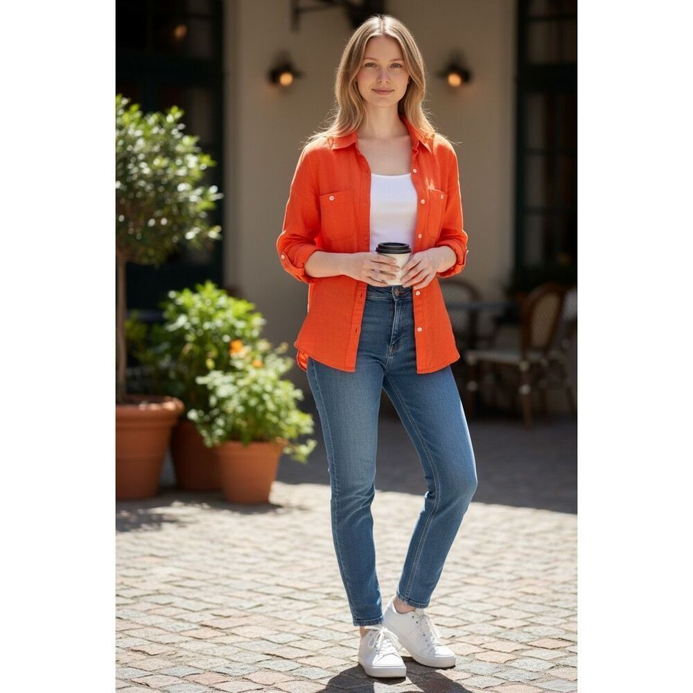 Lauren Ralph Lauren 100% linen orange petite medium blouse Linen with two pocket